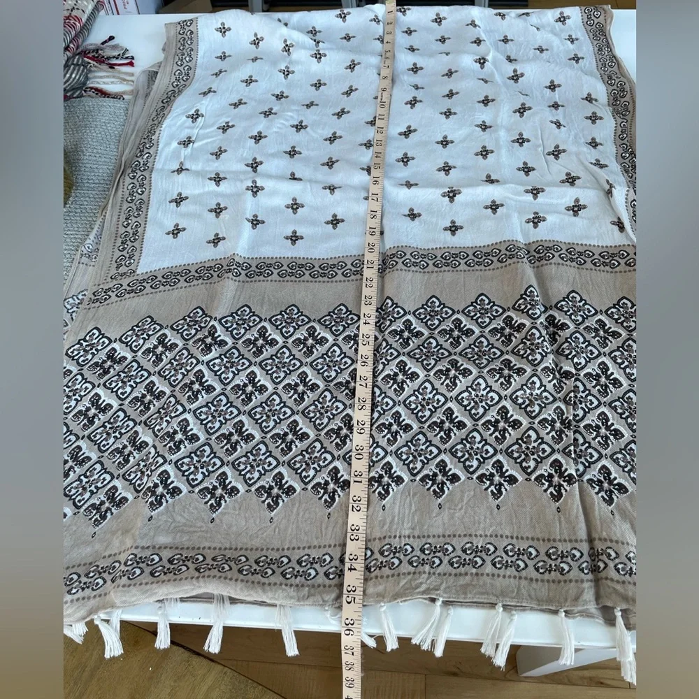 Vintage Tan White Brown Block Print Scarf with Fringe